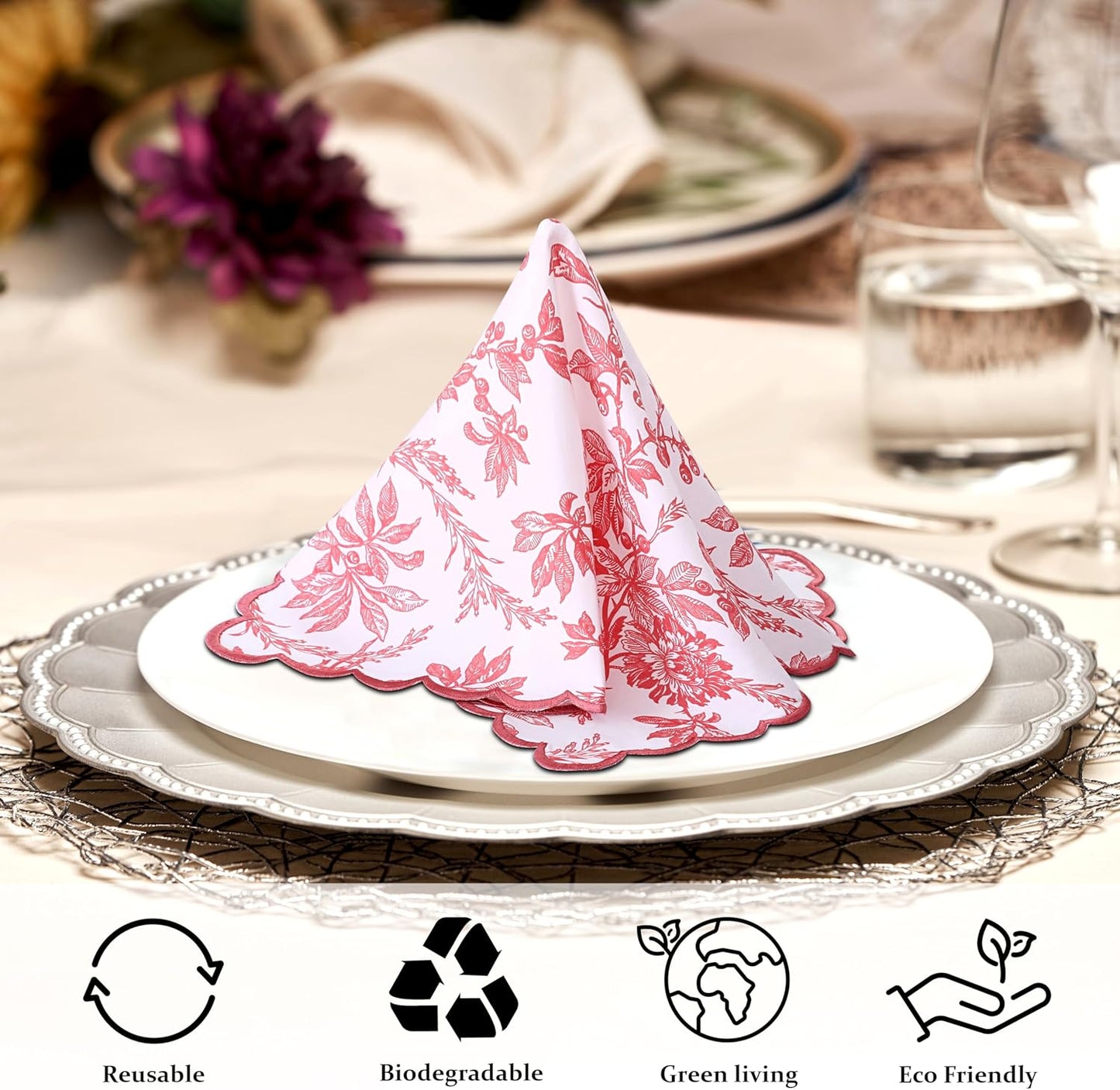 Ridhi Hand Block Print Peach Coral 18" x 18" (Set of 4) Embroidery Table Napkins Reusable Cotton Dinner Napkins for Weddings, Parties, Everyday Dining Gift for Spring, Easter, Valentine