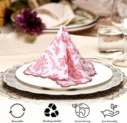Ridhi Hand Block Print Peach Coral 18" x 18" (Set of 4) Embroidery Table Napkins Reusable Cotton Dinner Napkins for Weddings, Parties, Everyday Dining Gift for Spring, Easter, Valentine