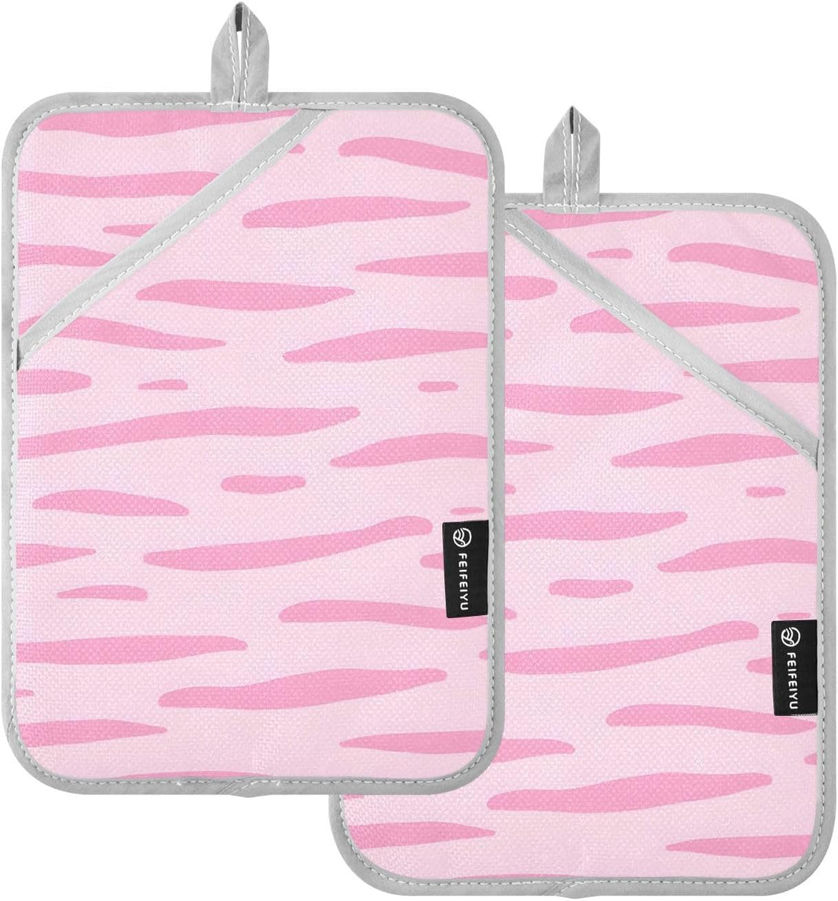 Pink Pastel Stripe 2 Pack Heat Resistant Pot Holders, Thick Quilted Oven Mitts with Pocket, Heavy Duty Potholders for Kitchen Baking BBQ Grill, Machine Washable 7x9.8 Inch