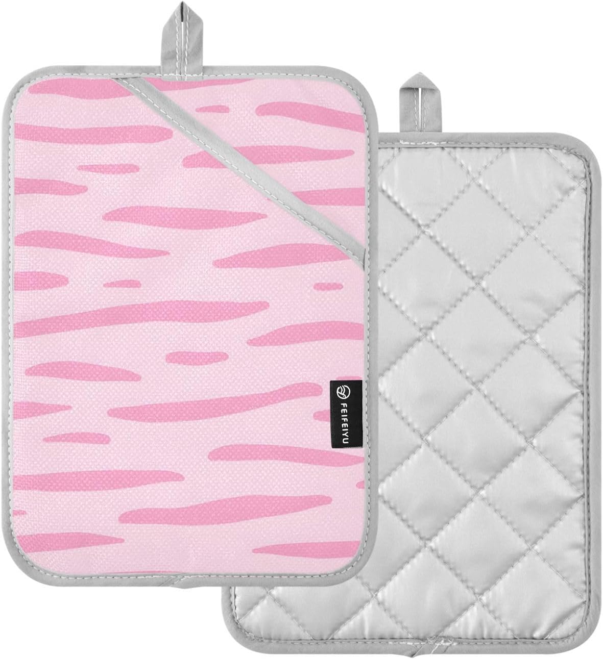 Pink Pastel Stripe 2 Pack Heat Resistant Pot Holders, Thick Quilted Oven Mitts with Pocket, Heavy Duty Potholders for Kitchen Baking BBQ Grill, Machine Washable 7x9.8 Inch