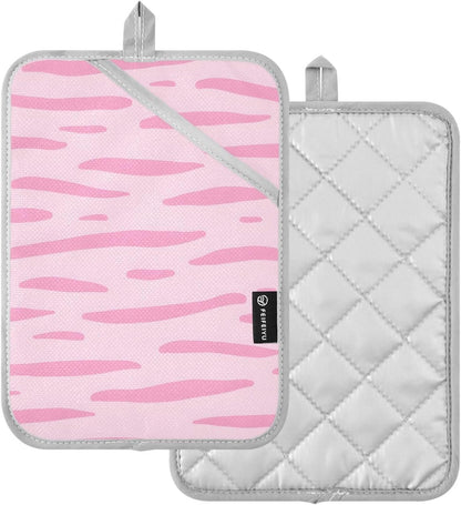 Pink Pastel Stripe 2 Pack Heat Resistant Pot Holders, Thick Quilted Oven Mitts with Pocket, Heavy Duty Potholders for Kitchen Baking BBQ Grill, Machine Washable 7x9.8 Inch