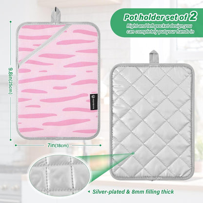 Pink Pastel Stripe 2 Pack Heat Resistant Pot Holders, Thick Quilted Oven Mitts with Pocket, Heavy Duty Potholders for Kitchen Baking BBQ Grill, Machine Washable 7x9.8 Inch