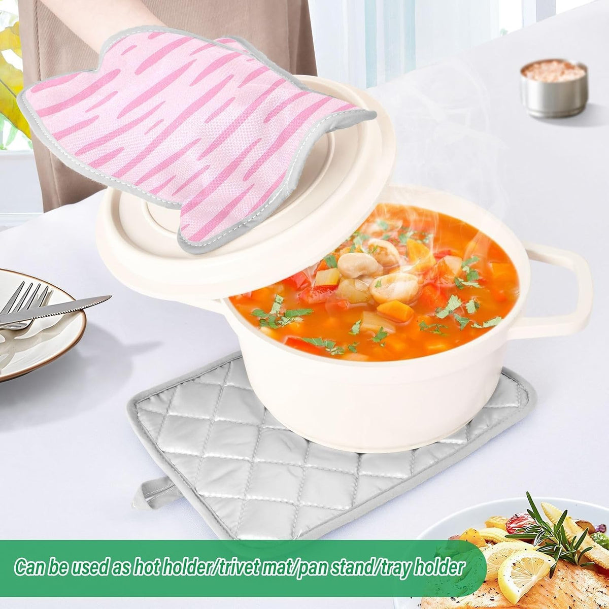 Pink Pastel Stripe 2 Pack Heat Resistant Pot Holders, Thick Quilted Oven Mitts with Pocket, Heavy Duty Potholders for Kitchen Baking BBQ Grill, Machine Washable 7x9.8 Inch