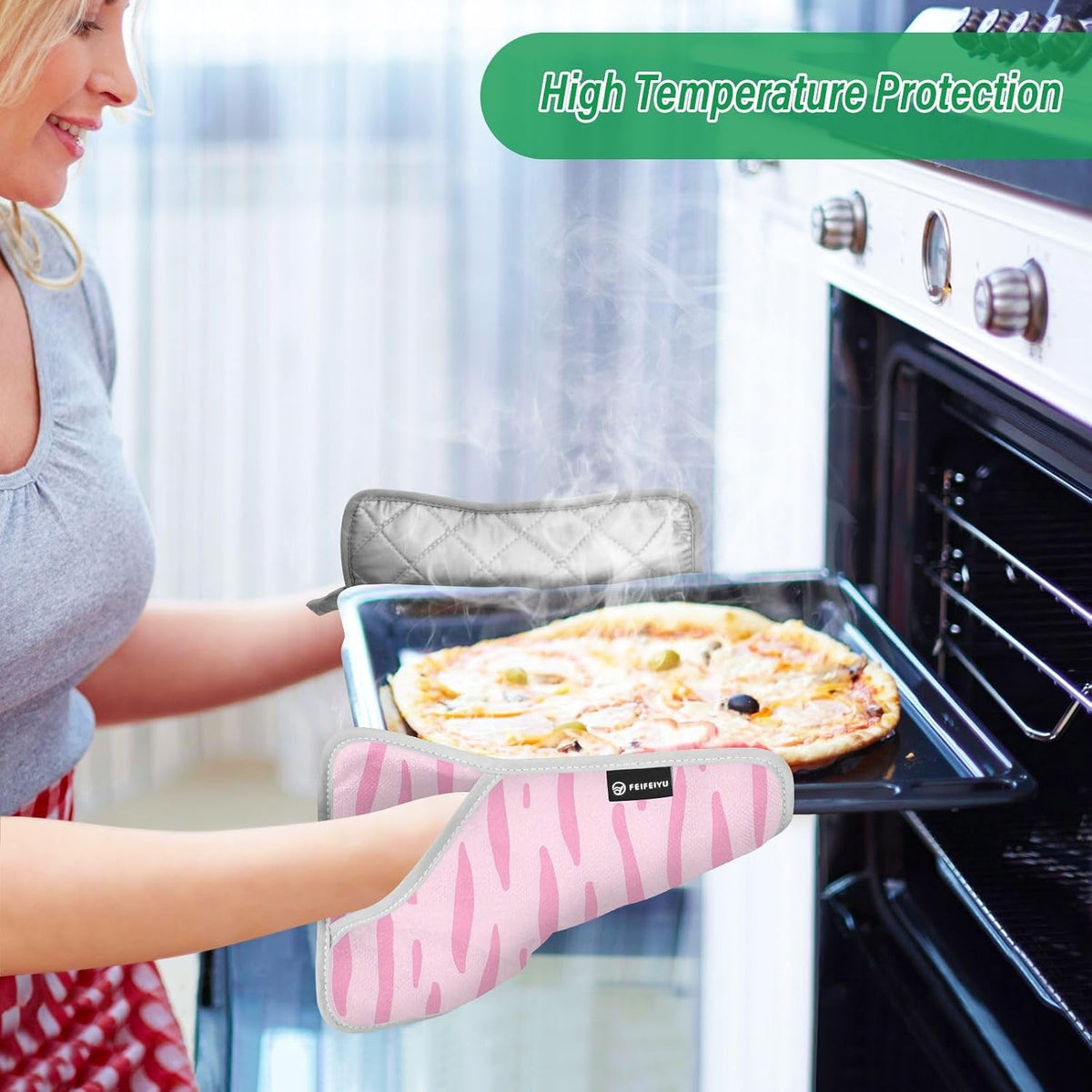 Pink Pastel Stripe 2 Pack Heat Resistant Pot Holders, Thick Quilted Oven Mitts with Pocket, Heavy Duty Potholders for Kitchen Baking BBQ Grill, Machine Washable 7x9.8 Inch