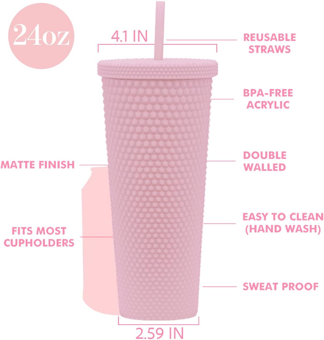 24oz Fully Studded Tumbler.Matte Light Pink Studded Tumbler with Lid and Straw.Reusable Double Walled Insulated Travel Tumbler.Plastic Acrylic Pastel Colored Tumbler Cup for Iced Coffee Smoothie.