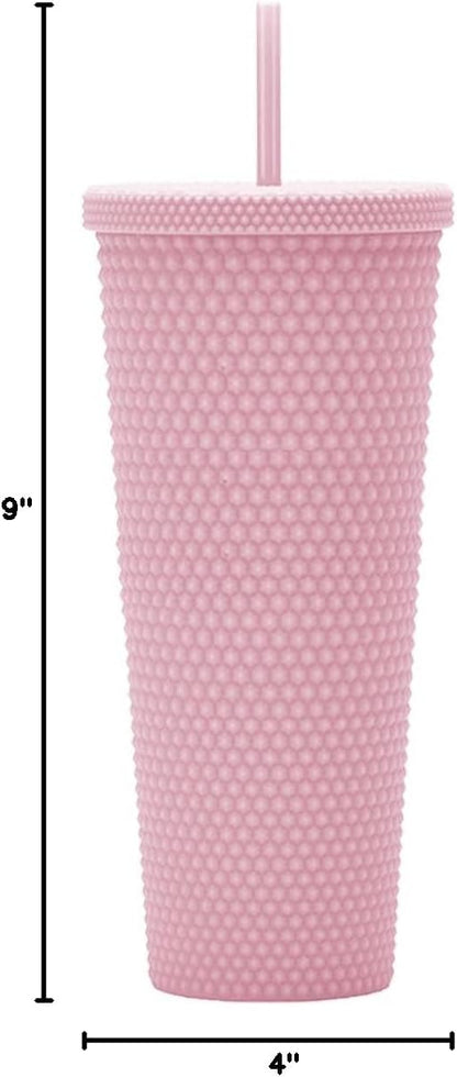24oz Fully Studded Tumbler.Matte Light Pink Studded Tumbler with Lid and Straw.Reusable Double Walled Insulated Travel Tumbler.Plastic Acrylic Pastel Colored Tumbler Cup for Iced Coffee Smoothie.