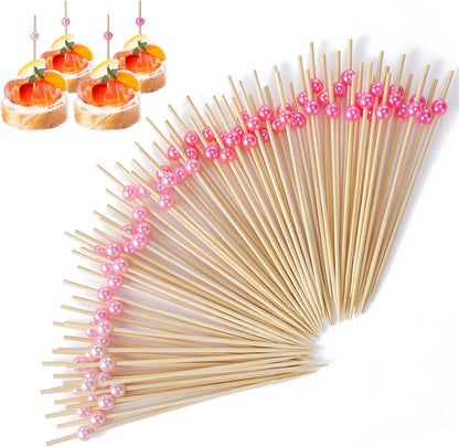 [100 Pcs] Cocktail Picks Toothpicks for Appetizers - 4.7 Inches Hot/Light Pink Pearl Cocktail Skewers for Drink, Food, Decorations for Pink Birthday Party, Baby Shower, Bachelorette, Charcuterie Board