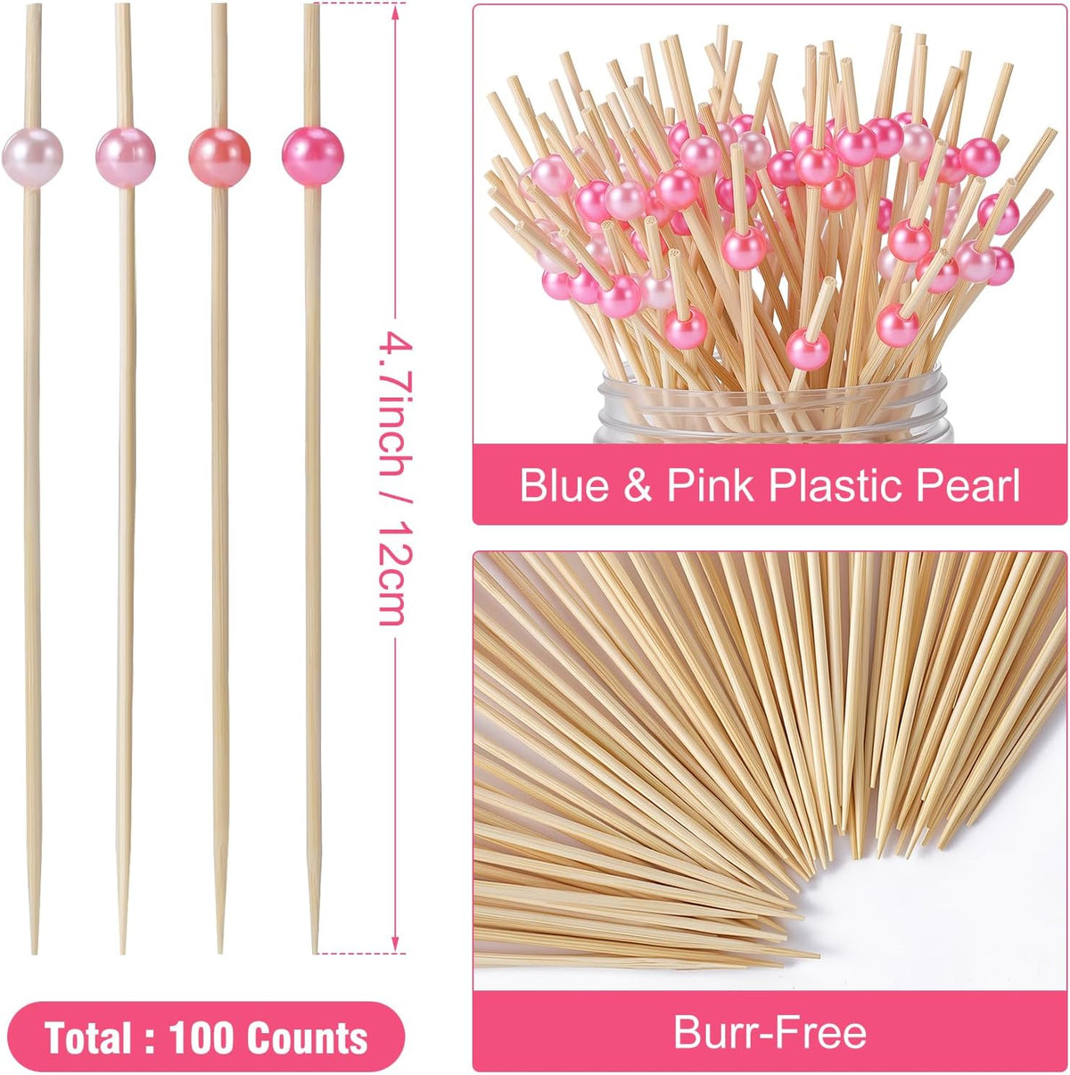 [100 Pcs] Cocktail Picks Toothpicks for Appetizers - 4.7 Inches Hot/Light Pink Pearl Cocktail Skewers for Drink, Food, Decorations for Pink Birthday Party, Baby Shower, Bachelorette, Charcuterie Board