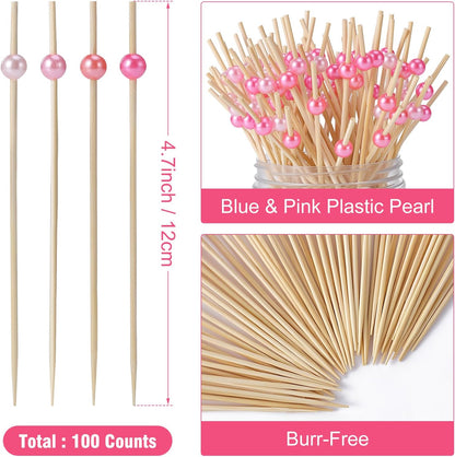 [100 Pcs] Cocktail Picks Toothpicks for Appetizers - 4.7 Inches Hot/Light Pink Pearl Cocktail Skewers for Drink, Food, Decorations for Pink Birthday Party, Baby Shower, Bachelorette, Charcuterie Board
