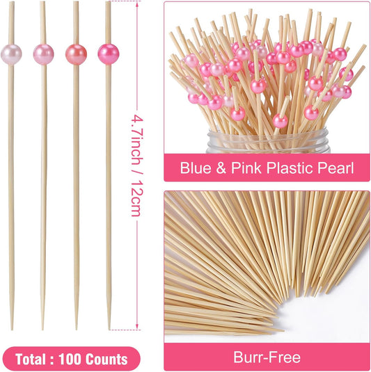 [100 Pcs] Cocktail Picks Toothpicks for Appetizers - 4.7 Inches Hot/Light Pink Pearl Cocktail Skewers for Drink, Food, Decorations for Pink Birthday Party, Baby Shower, Bachelorette, Charcuterie Board