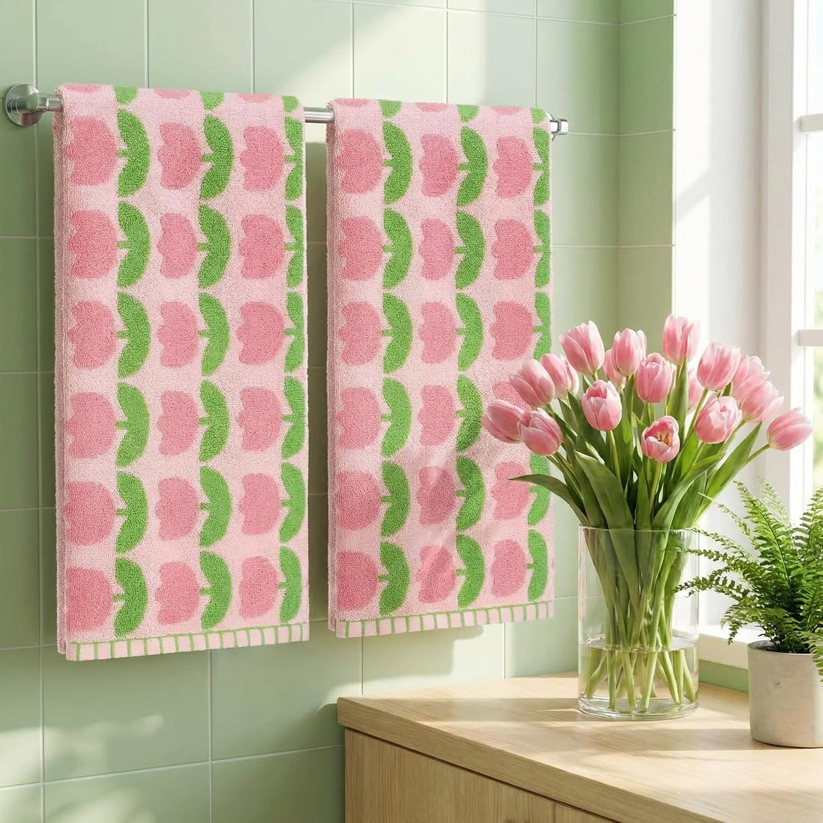 2 Pcs Tulip Hand Towels Pink 100% Cotton Soft Absorbent Bath