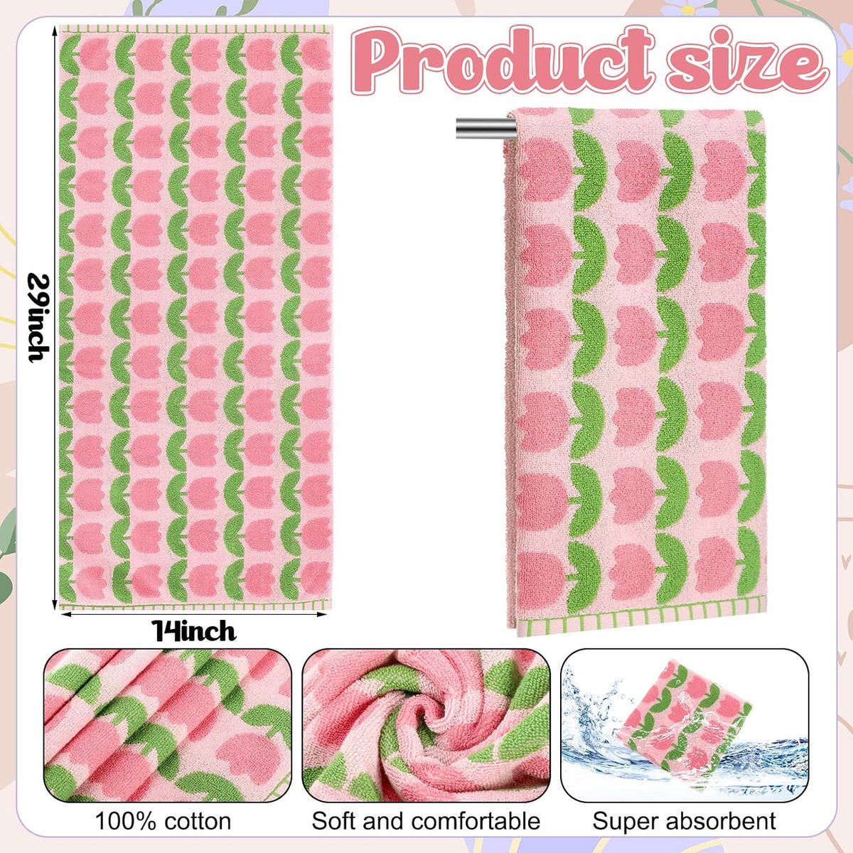 2 Pcs Tulip Hand Towels Pink 100% Cotton Soft Absorbent Bath