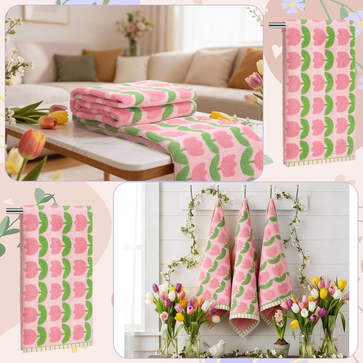 2 Pcs Tulip Hand Towels Pink 100% Cotton Soft Absorbent Bath