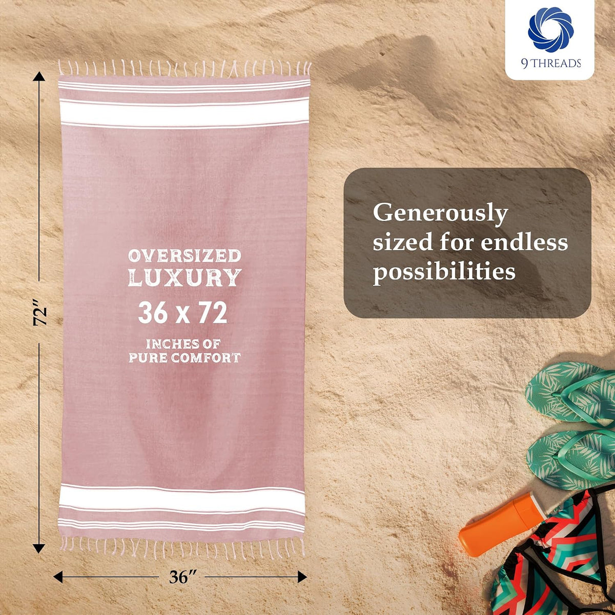 Cotton Turkish Beach Towel with Towels Oversized 36"x72" Pool Absorbent Extra Large Quick Dry Sand Travel Towel (Pink, 4 Pack)