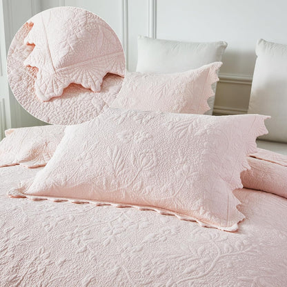 Standard Size Quilted Pillow Shams Cotton Set of 2 Light Pink Farmhouse Scallop Edge Decorative Pillow Covers