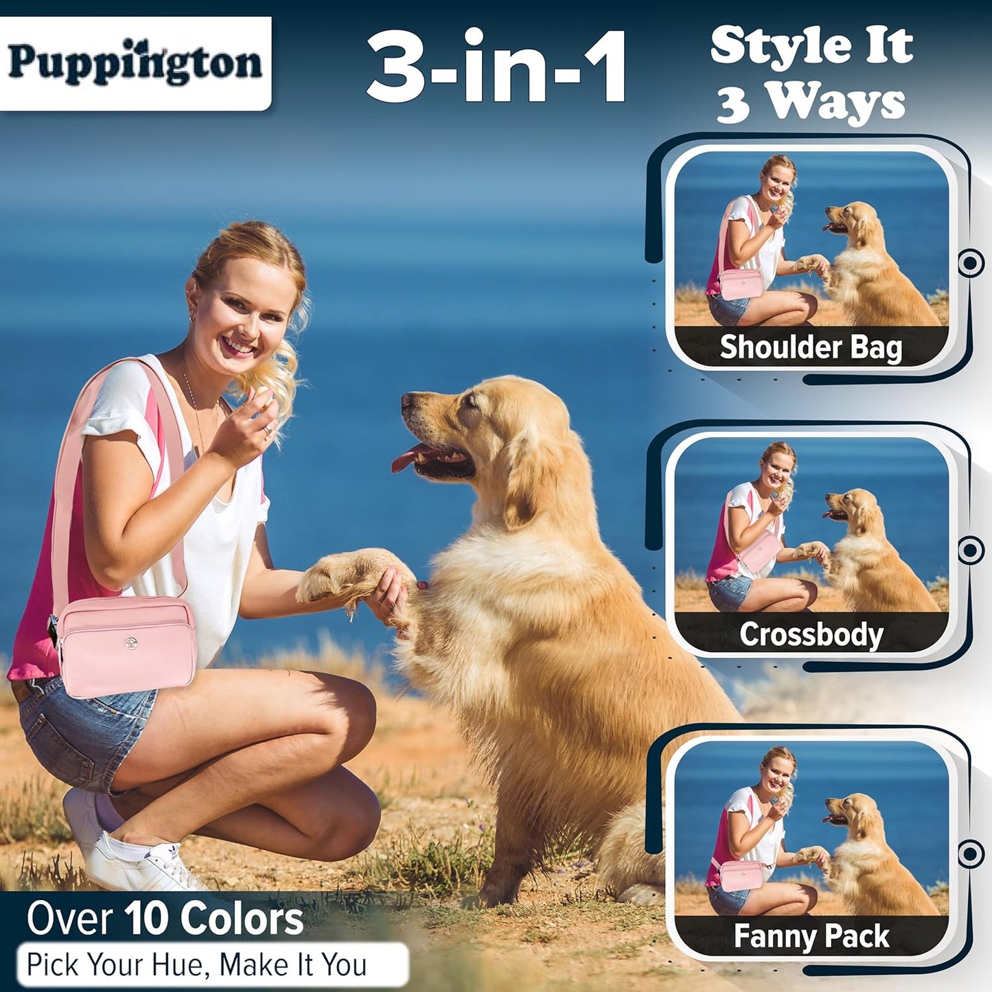 3-in-1 Crossbody Dog Treat Pouch for Pet Training - Compostable Poop Bags, Built-In Poop Bag Dispenser, Slow-Feeding Travel Dog Bowl & Reflective Leash - Dog Walking Bag (Blush Pink)