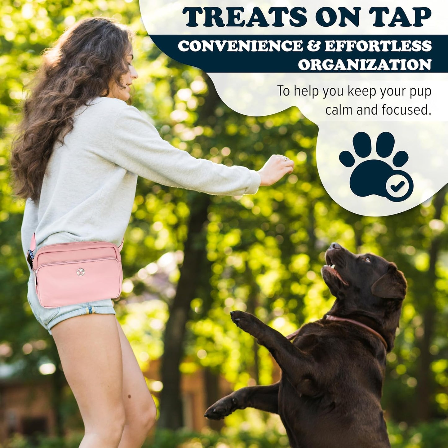3-in-1 Crossbody Dog Treat Pouch for Pet Training - Compostable Poop Bags, Built-In Poop Bag Dispenser, Slow-Feeding Travel Dog Bowl & Reflective Leash - Dog Walking Bag (Blush Pink)