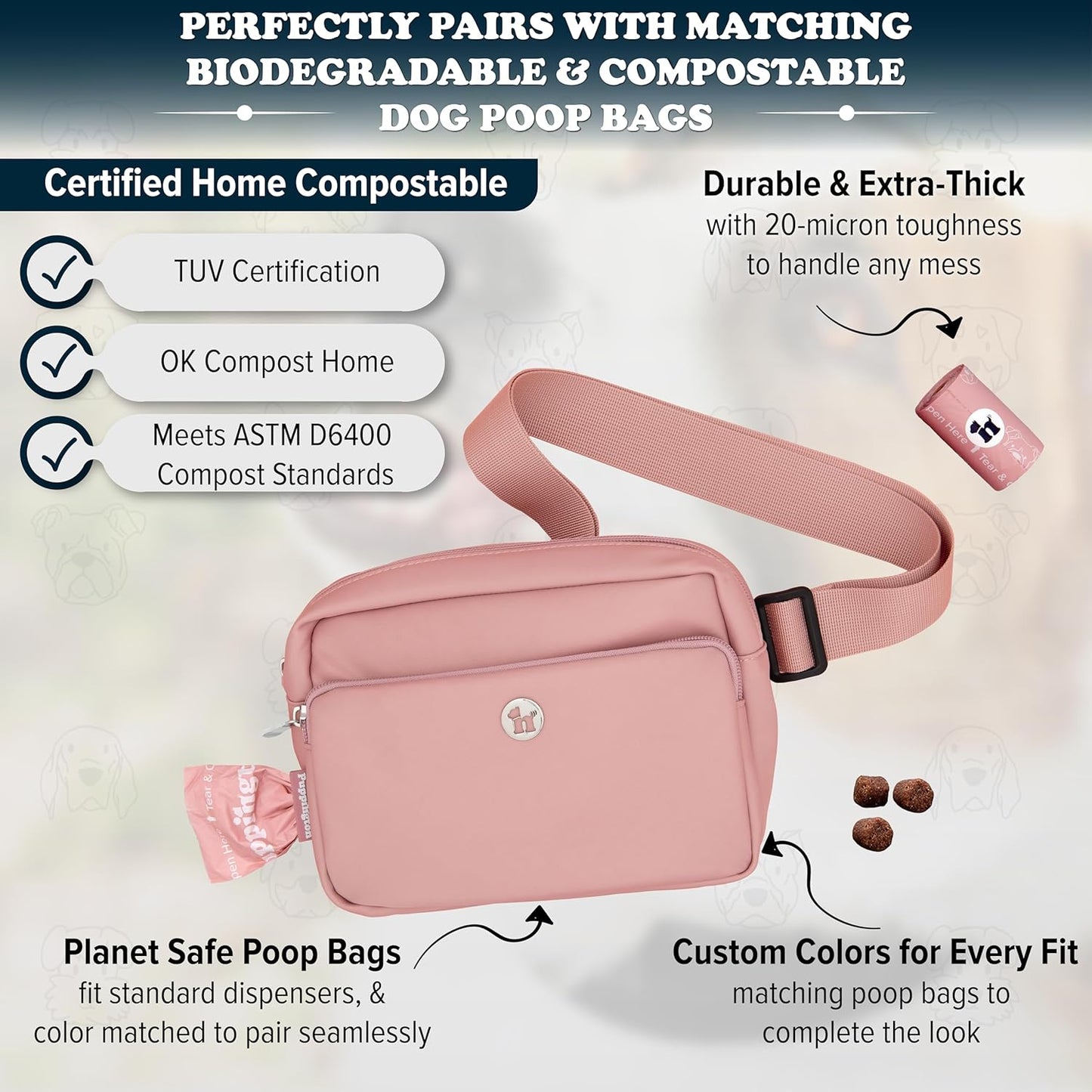 3-in-1 Crossbody Dog Treat Pouch for Pet Training - Compostable Poop Bags, Built-In Poop Bag Dispenser, Slow-Feeding Travel Dog Bowl & Reflective Leash - Dog Walking Bag (Blush Pink)