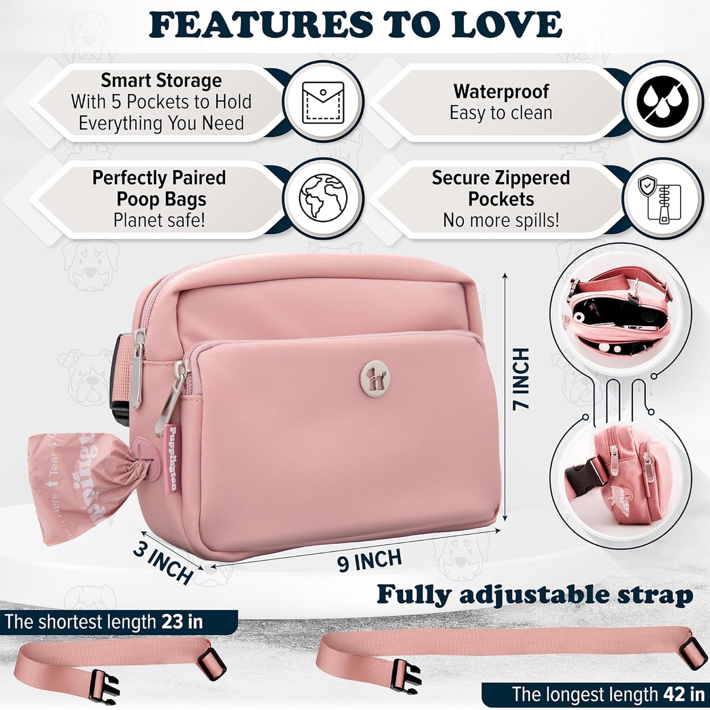 3-in-1 Crossbody Dog Treat Pouch for Pet Training - Compostable Poop Bags, Built-In Poop Bag Dispenser, Slow-Feeding Travel Dog Bowl & Reflective Leash - Dog Walking Bag (Blush Pink)