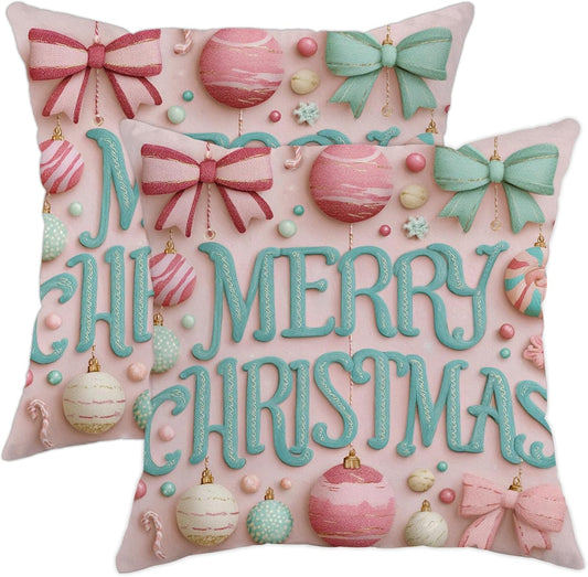 Christmas Throw Pillow Covers Set of 2, Peach Holiday Ornament Decorative Cushion Cases, Festive Farmhouse Decor for Home Sofa Bed Couch 20x20 Inch