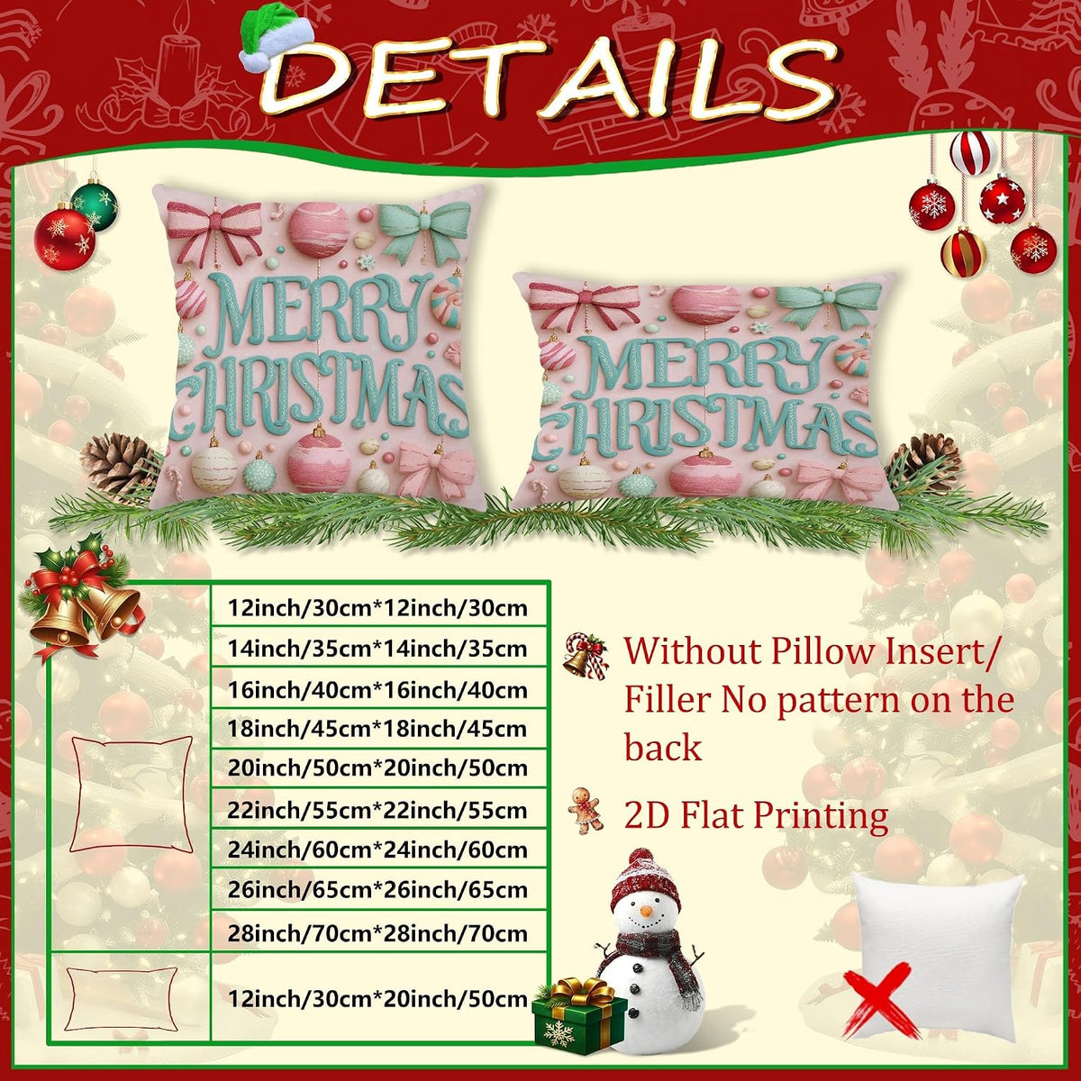 Christmas Throw Pillow Covers Set of 2, Peach Holiday Ornament Decorative Cushion Cases, Festive Farmhouse Decor for Home Sofa Bed Couch 20x20 Inch