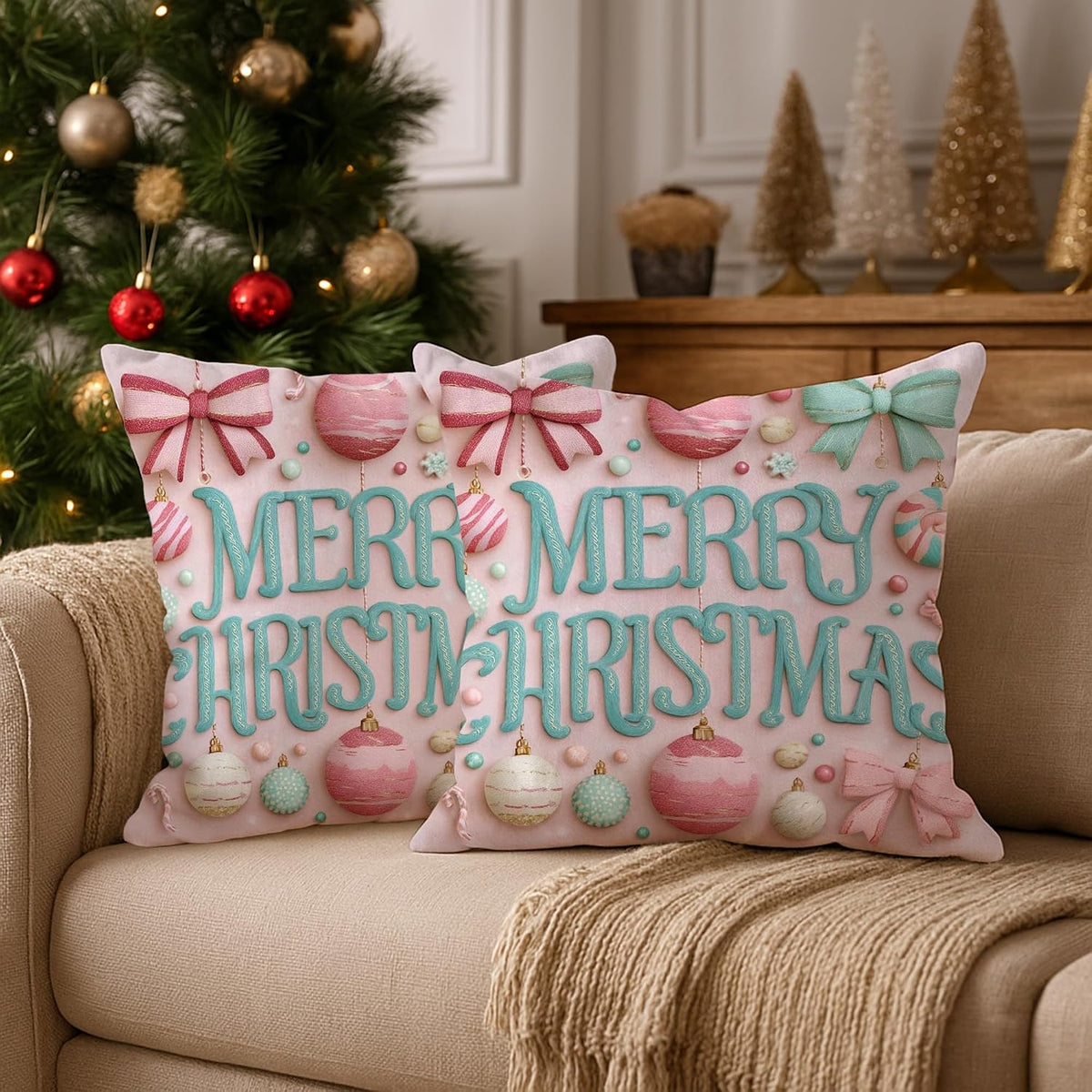 Christmas Throw Pillow Covers Set of 2, Peach Holiday Ornament Decorative Cushion Cases, Festive Farmhouse Decor for Home Sofa Bed Couch 20x20 Inch