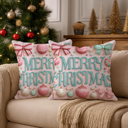 Christmas Throw Pillow Covers Set of 2, Peach Holiday Ornament Decorative Cushion Cases, Festive Farmhouse Decor for Home Sofa Bed Couch 20x20 Inch
