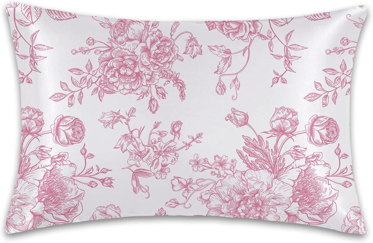 Satin Pillowcase 1 Pack - Pink Flowers Peonies Roses Silky Pillow Cover for Hair and Skin,Standard Size 20x26 Inch Soft Cooling Printed Floral Pillow Cases with Hidden Zipper,Gifts for Women Men