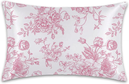 Satin Pillowcase 1 Pack - Pink Flowers Peonies Roses Silky Pillow Cover for Hair and Skin,Standard Size 20x26 Inch Soft Cooling Printed Floral Pillow Cases with Hidden Zipper,Gifts for Women Men