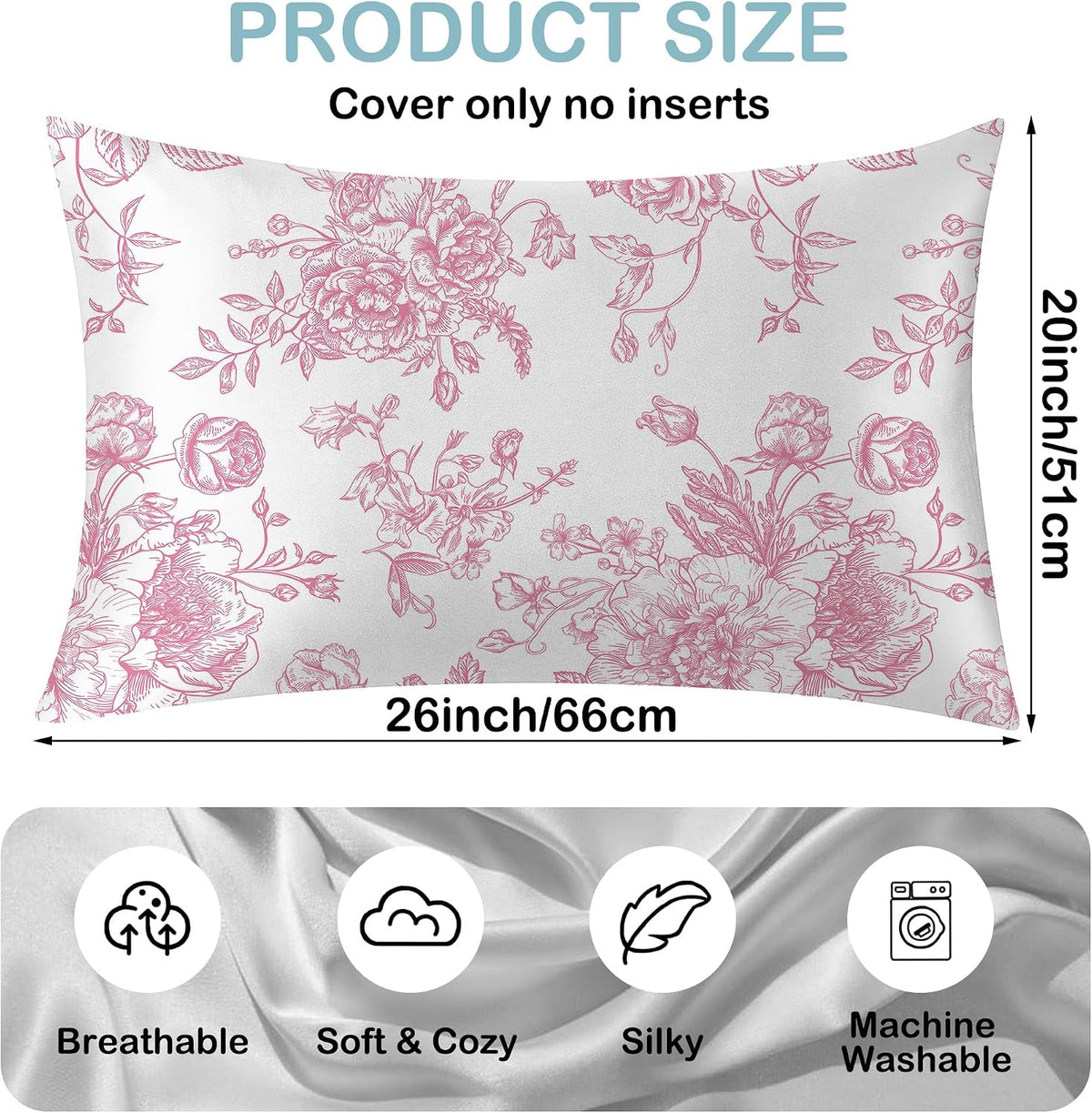 Satin Pillowcase 1 Pack - Pink Flowers Peonies Roses Silky Pillow Cover for Hair and Skin,Standard Size 20x26 Inch Soft Cooling Printed Floral Pillow Cases with Hidden Zipper,Gifts for Women Men