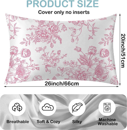 Satin Pillowcase 1 Pack - Pink Flowers Peonies Roses Silky Pillow Cover for Hair and Skin,Standard Size 20x26 Inch Soft Cooling Printed Floral Pillow Cases with Hidden Zipper,Gifts for Women Men