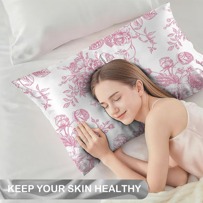 Satin Pillowcase 1 Pack - Pink Flowers Peonies Roses Silky Pillow Cover for Hair and Skin,Standard Size 20x26 Inch Soft Cooling Printed Floral Pillow Cases with Hidden Zipper,Gifts for Women Men