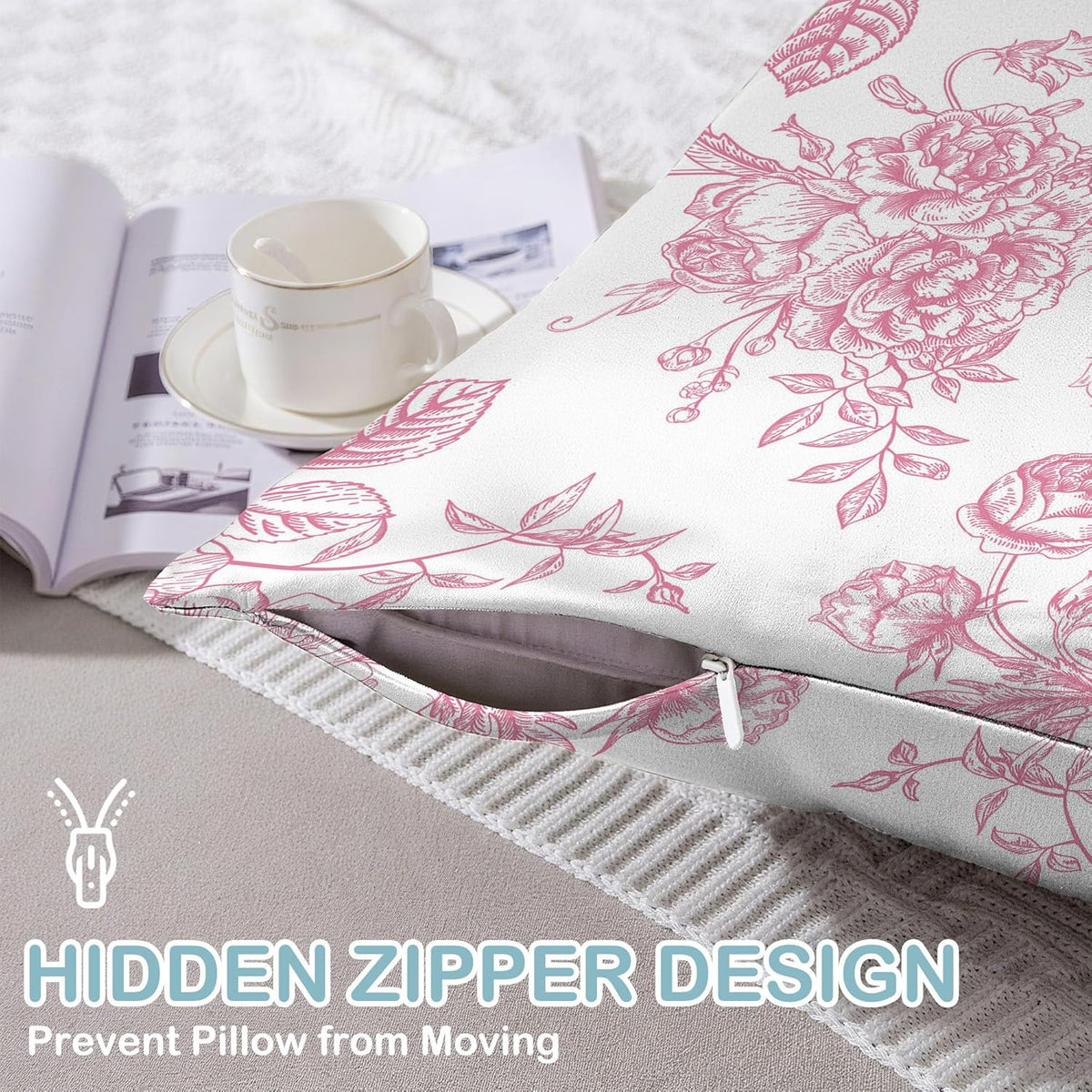 Satin Pillowcase 1 Pack - Pink Flowers Peonies Roses Silky Pillow Cover for Hair and Skin,Standard Size 20x26 Inch Soft Cooling Printed Floral Pillow Cases with Hidden Zipper,Gifts for Women Men