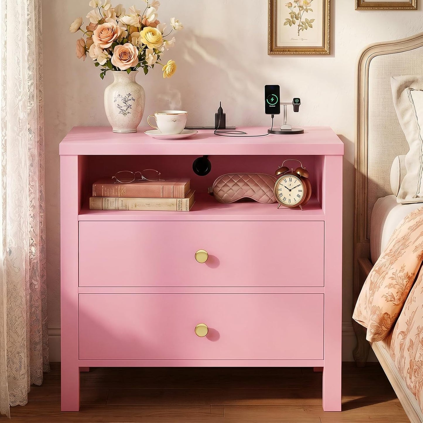 Nightstand with Charging Station, 23.6'' Large Bed Side Table with Wooden 2 Drawers, Night Stand for Bedroom, End Table with Open Storage Shelf for Living Room, Pink