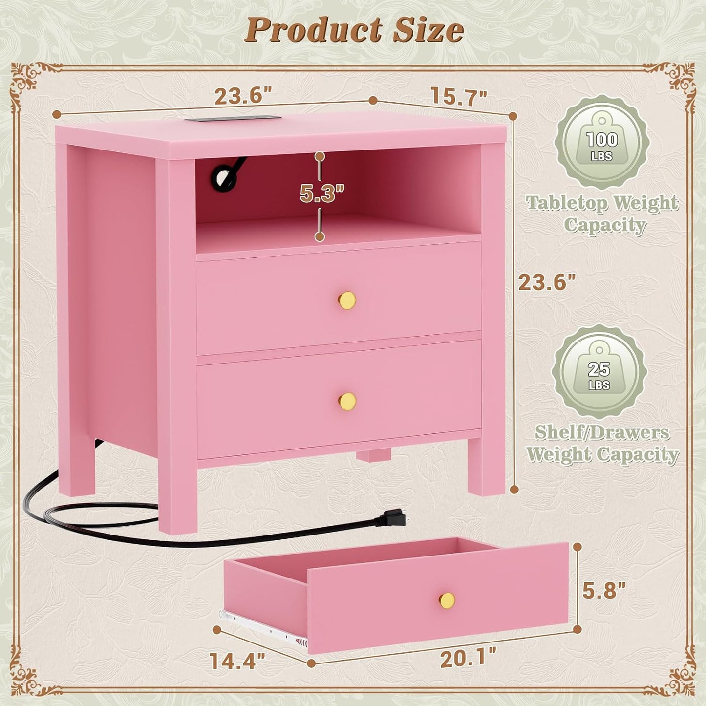 Nightstand with Charging Station, 23.6'' Large Bed Side Table with Wooden 2 Drawers, Night Stand for Bedroom, End Table with Open Storage Shelf for Living Room, Pink