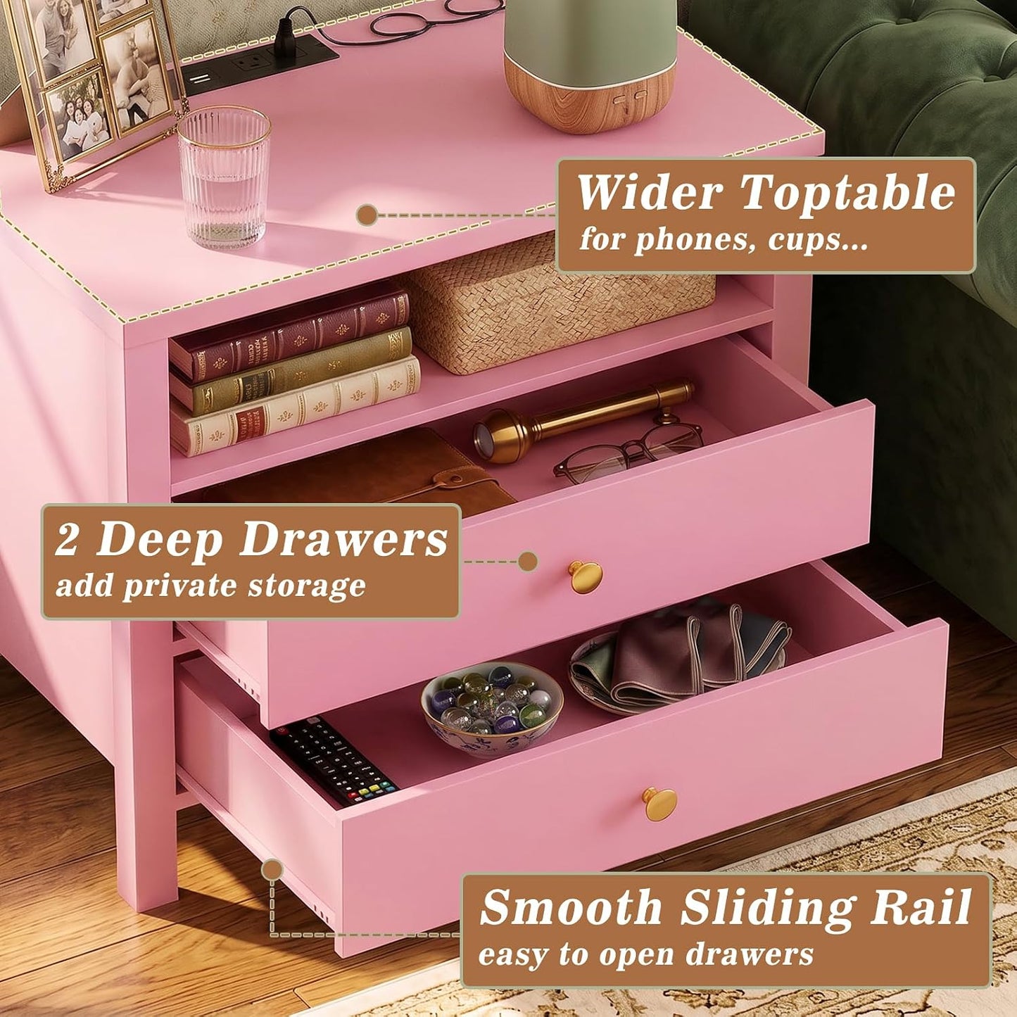 Nightstand with Charging Station, 23.6'' Large Bed Side Table with Wooden 2 Drawers, Night Stand for Bedroom, End Table with Open Storage Shelf for Living Room, Pink