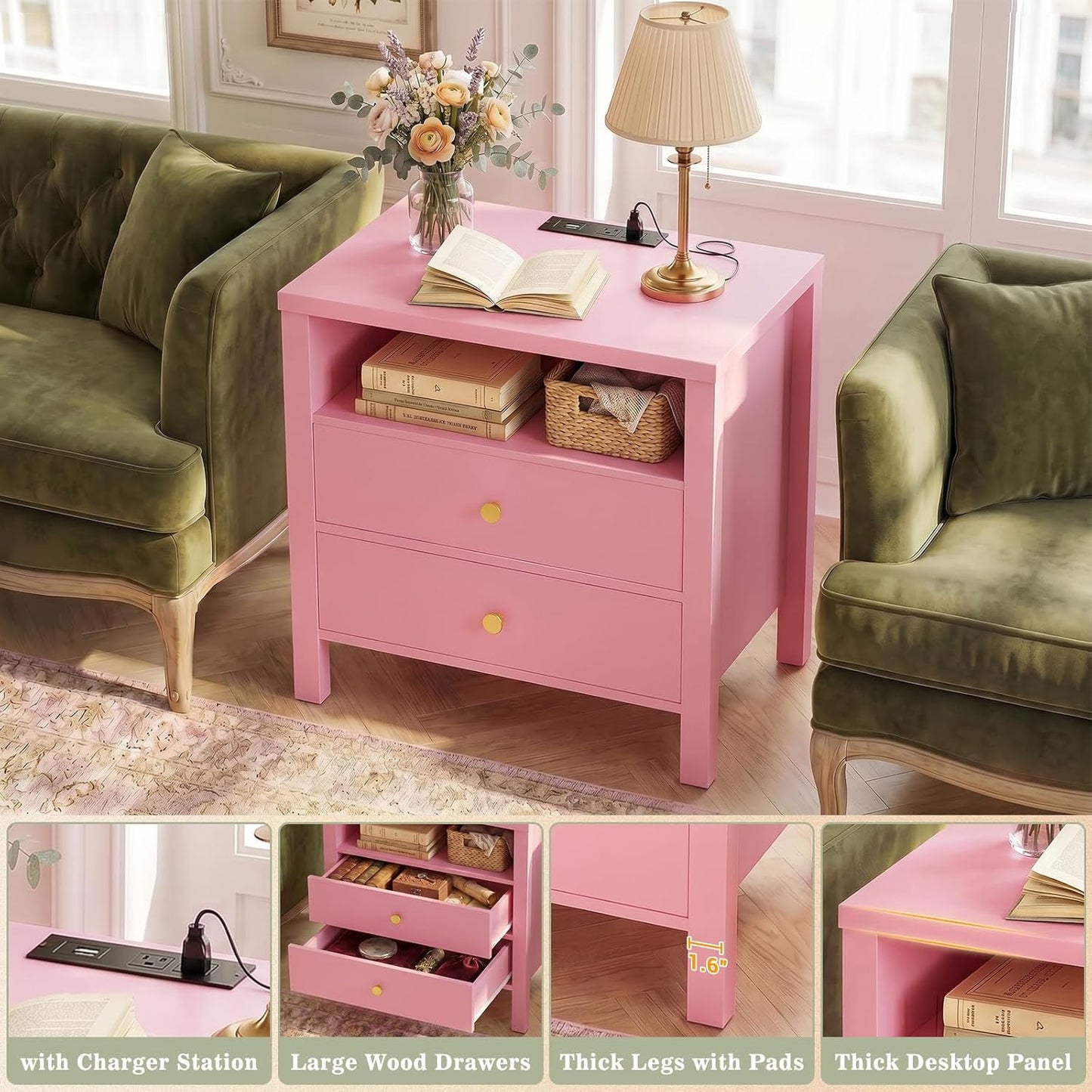 Nightstand with Charging Station, 23.6'' Large Bed Side Table with Wooden 2 Drawers, Night Stand for Bedroom, End Table with Open Storage Shelf for Living Room, Pink