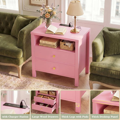 Nightstand with Charging Station, 23.6'' Large Bed Side Table with Wooden 2 Drawers, Night Stand for Bedroom, End Table with Open Storage Shelf for Living Room, Pink