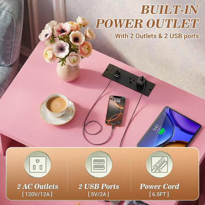 Nightstand with Charging Station, 23.6'' Large Bed Side Table with Wooden 2 Drawers, Night Stand for Bedroom, End Table with Open Storage Shelf for Living Room, Pink