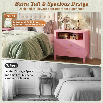 Nightstand with Charging Station, 23.6'' Large Bed Side Table with Wooden 2 Drawers, Night Stand for Bedroom, End Table with Open Storage Shelf for Living Room, Pink