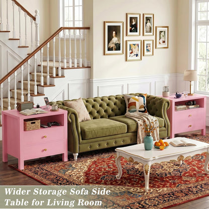 Nightstand with Charging Station, 23.6'' Large Bed Side Table with Wooden 2 Drawers, Night Stand for Bedroom, End Table with Open Storage Shelf for Living Room, Pink