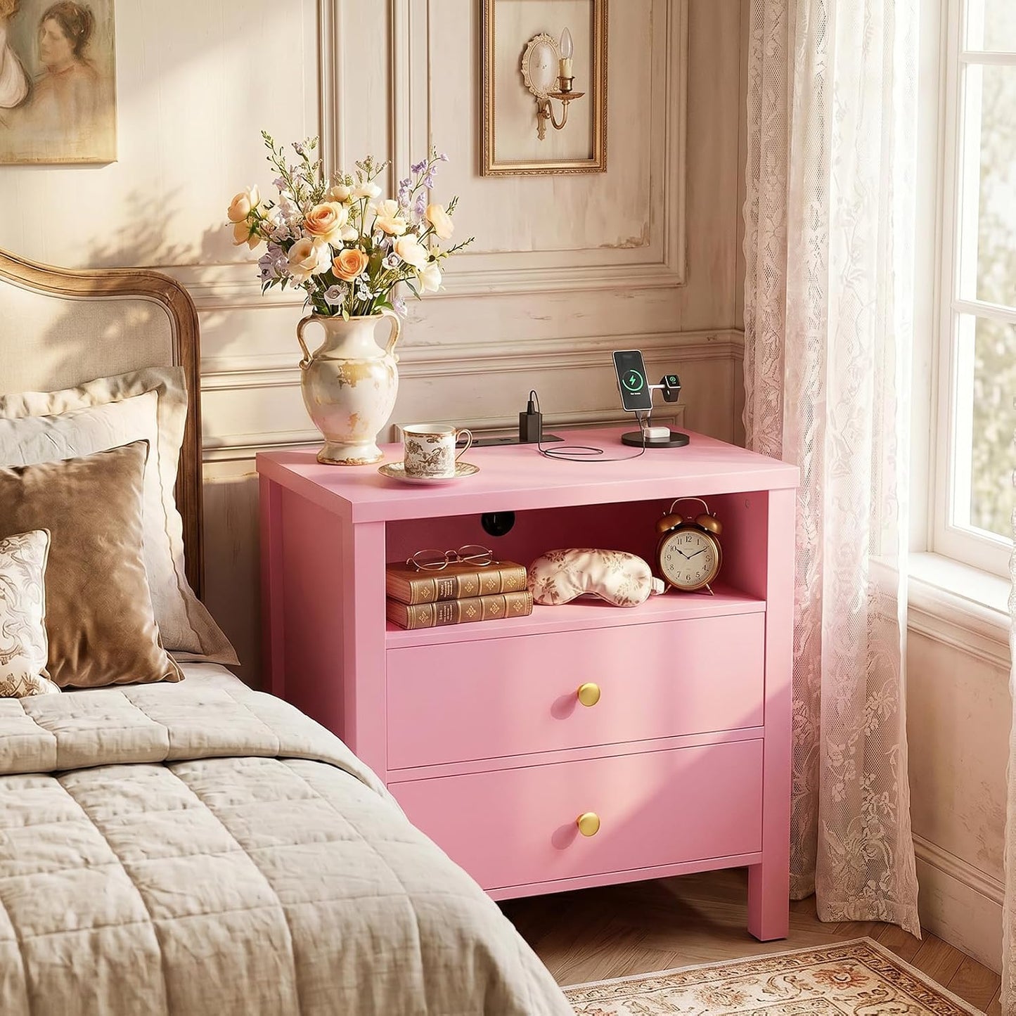 Nightstand with Charging Station, 23.6'' Large Bed Side Table with Wooden 2 Drawers, Night Stand for Bedroom, End Table with Open Storage Shelf for Living Room, Pink