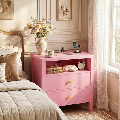 Nightstand with Charging Station, 23.6'' Large Bed Side Table with Wooden 2 Drawers, Night Stand for Bedroom, End Table with Open Storage Shelf for Living Room, Pink