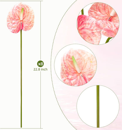 8PCS 22.8inch Anthurium Artificial Flowers Pink Faux Silk Anthurium Flower Faux Floral Arrangement for Vase Table Centerpieces Wedding Garden Home Decoration (Pink)
