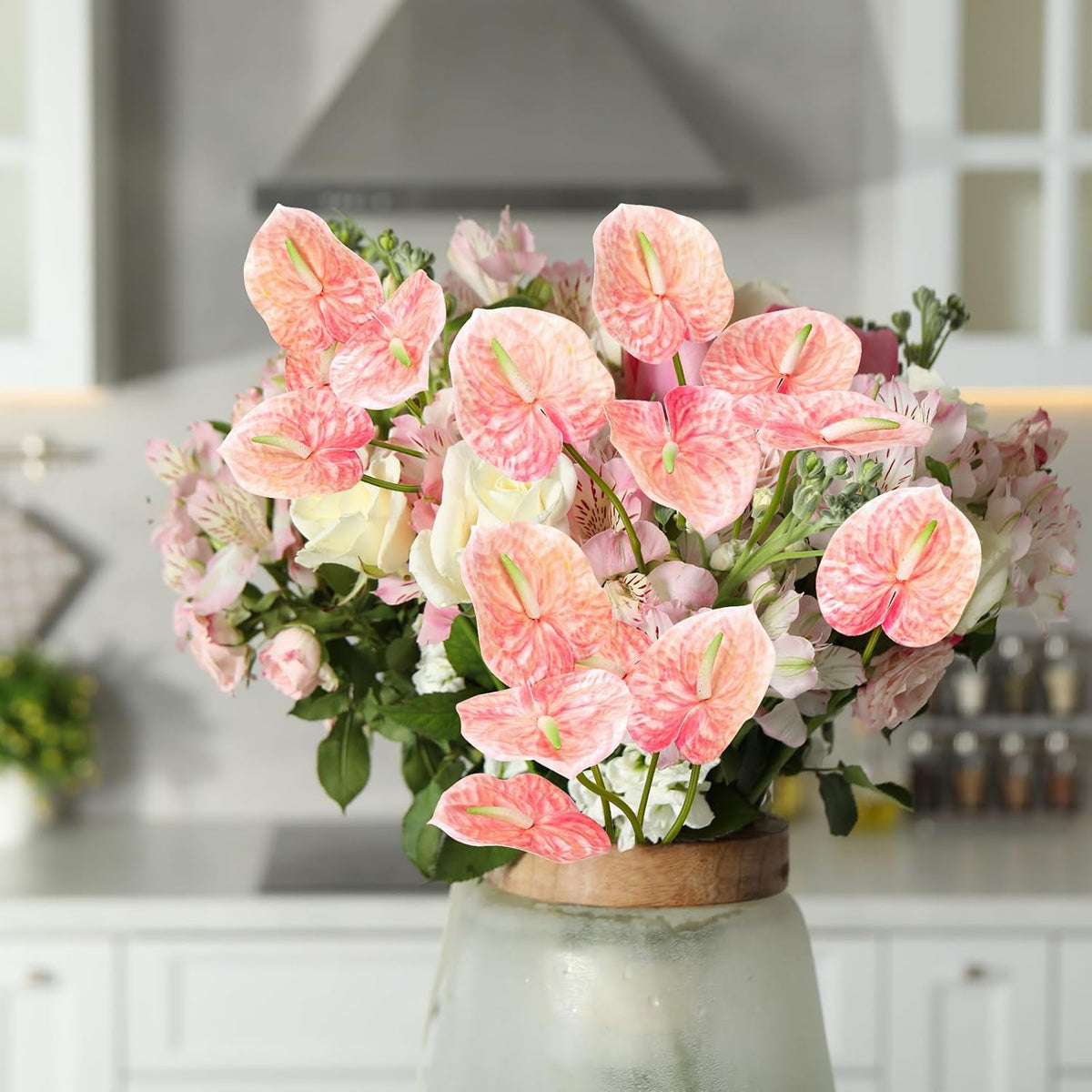 8PCS 22.8inch Anthurium Artificial Flowers Pink Faux Silk Anthurium Flower Faux Floral Arrangement for Vase Table Centerpieces Wedding Garden Home Decoration (Pink)