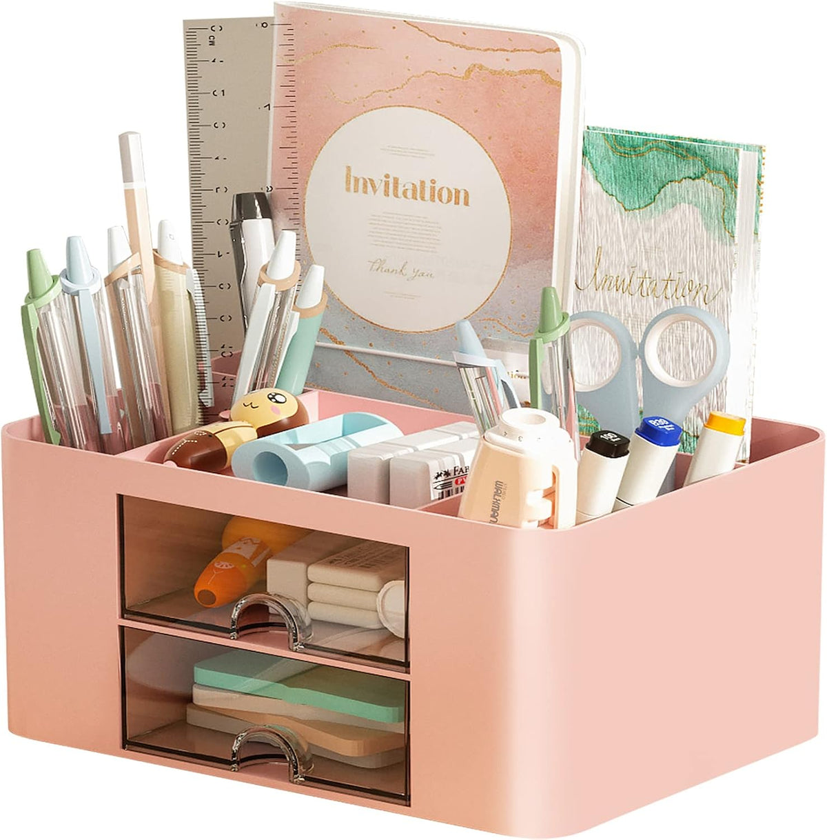 Pen Organizer with 2 Drawer, Multi-Functional Pencil Holder for Desk, Desk Organizers and Accessories with 5 Compartments + Drawer for Office Art Supplies (Pink)