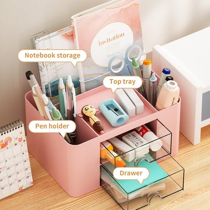 Pen Organizer with 2 Drawer, Multi-Functional Pencil Holder for Desk, Desk Organizers and Accessories with 5 Compartments + Drawer for Office Art Supplies (Pink)