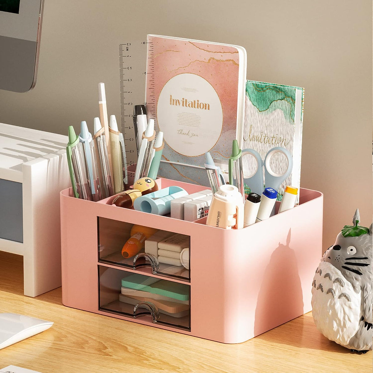 Pen Organizer with 2 Drawer, Multi-Functional Pencil Holder for Desk, Desk Organizers and Accessories with 5 Compartments + Drawer for Office Art Supplies (Pink)