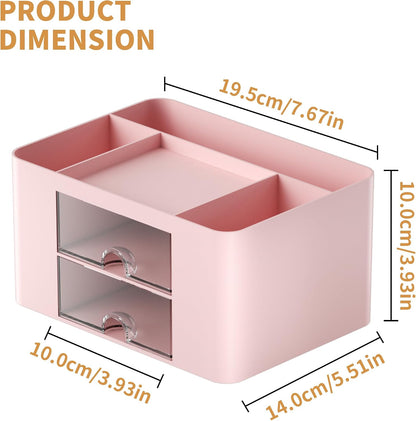 Pen Organizer with 2 Drawer, Multi-Functional Pencil Holder for Desk, Desk Organizers and Accessories with 5 Compartments + Drawer for Office Art Supplies (Pink)