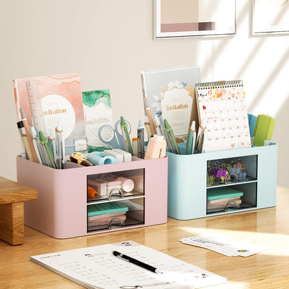 Pen Organizer with 2 Drawer, Multi-Functional Pencil Holder for Desk, Desk Organizers and Accessories with 5 Compartments + Drawer for Office Art Supplies (Pink)